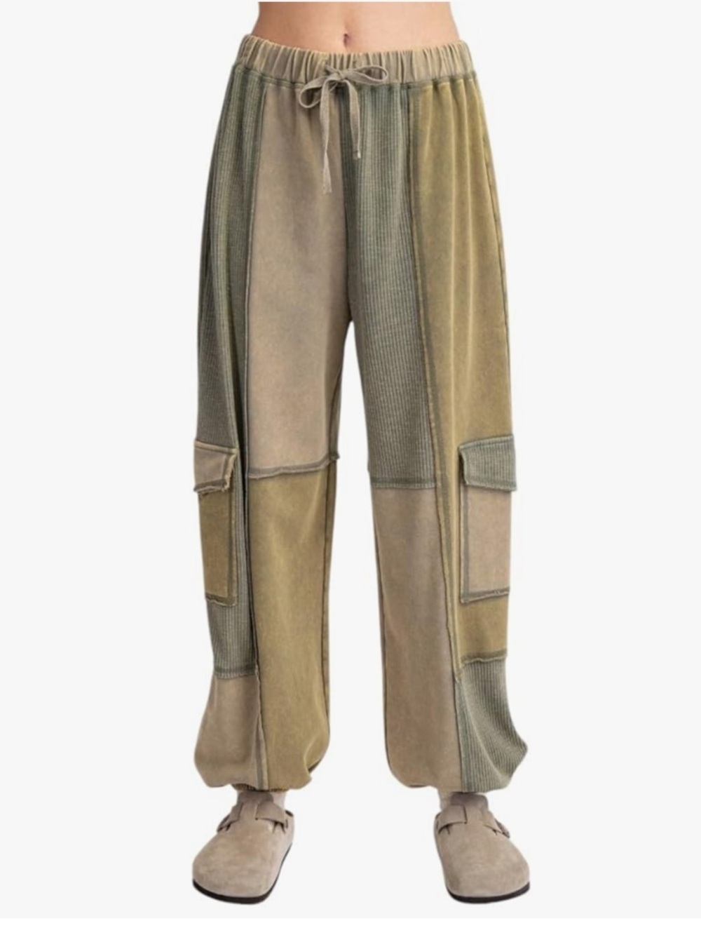Easel Ayla Color Block Patchwork Terry Knit Cargo Jogger Pants size large olive